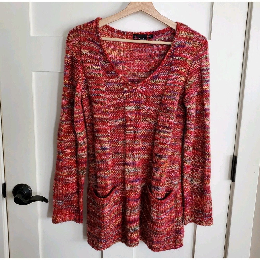 Y2K Ulta Flirt Multicolor Boho Marled Open Knit Sweater Dress L Pockets Rainbow